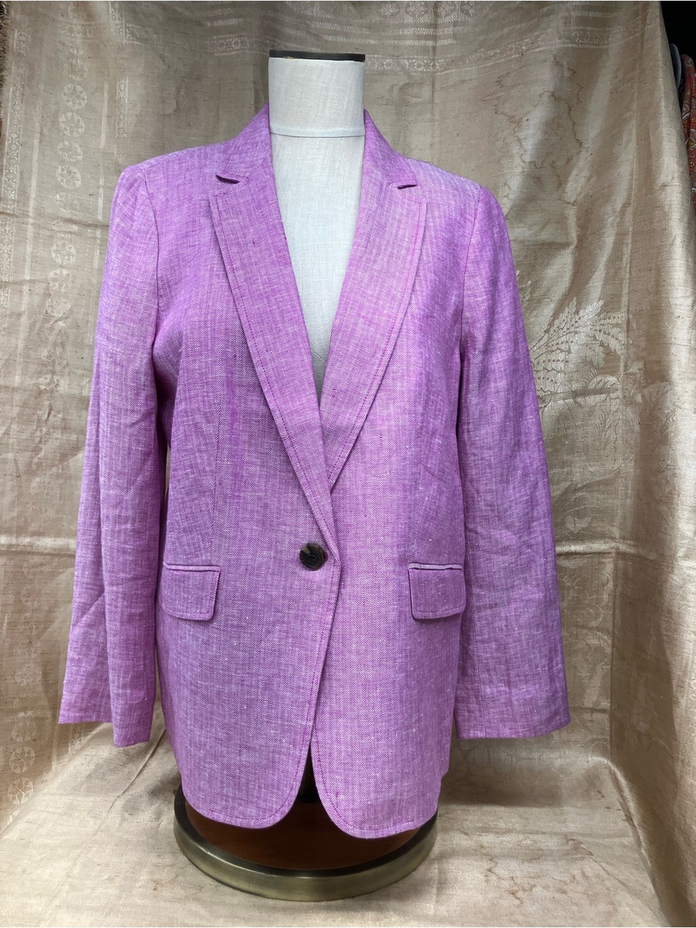 Women's Magenta Herringbone Linen Single-Button Blazer Jacket